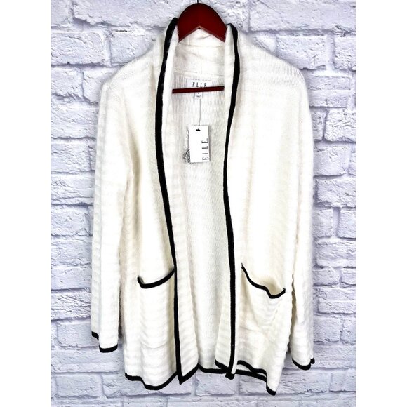 ELLE Women's White Black Trim Sweater Coatigan NWT Large - Picture 1 of 6